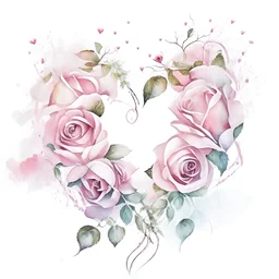 Two connected hearts entwined with pink and white roses. White background.Watercolor.