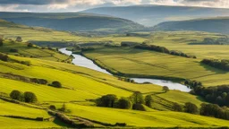 View across the valley in the Yorkshire Dales with beautiful clouds, late afternoon sunshine, stone walls enclosing the fields, gentle hills and valleys, river, calm, peaceful, tranquil, beautiful composition