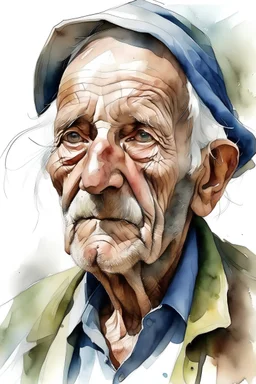 Portrait of old wrinkly man in watercolors