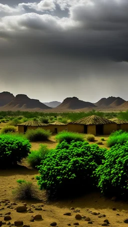 Sudan , kassala mountains, villages and huts , dim cloudy day