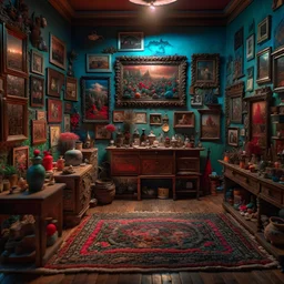 Diorama of old stuff in a room, sharp focus, 8k, 3d, very detailed, volumetric light, grim, fine art, very colorful, ornate, creepy paintings on the wall, 35mm, F/2.8, insanely detailed and intricate, hypermaximalist, super detailed, decadent