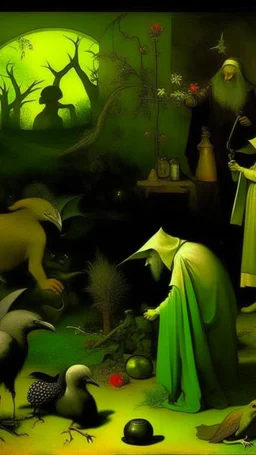 some mysterious figures, odd background, cinematic, Hieronymus Bosch, Max Ernst, vegetal life, rotten, ambient light, cry, ritual, surreal, animals
