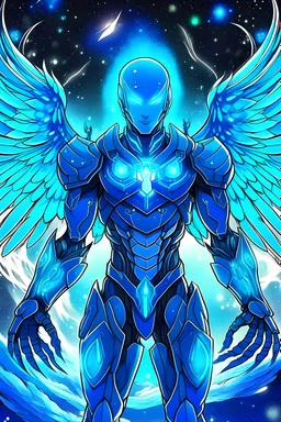 handsome blue, cosmic traveler man, cosmic uniform, wings,