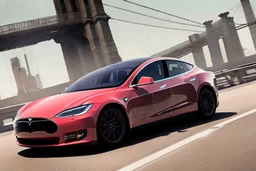 A Tesla's 'Model 3' is racing at top speed, on the 'Brooklyn Bridge' in New York. CINEMATIC. WIDE ANGLE LENS. PHOTO REAL.