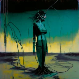 Dystopian future women twisted body with retro monitor head and handing wires. In desolate landscape at night. With a concrete decaying block. Abstract oil painting in style of Justin Mortimer