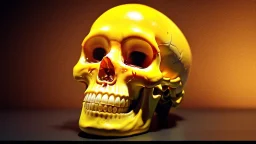 a picture of a dark, comedic, anatomically correct skull of a smiley face, photo realistic, highly detailed, yellow, old, part of a collection of bones on display on a scientists shelving, round, egg shaped eye sockets, darker background, underglass