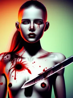 smiling girl covered in blood with knife on the ground