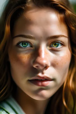 Portrait of a 18-year old girl with brown hair, green eyes, freckles