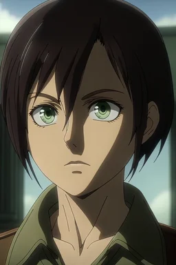 Attack on Titan screencap of a female with short, black hair and big greenish brown eyes.