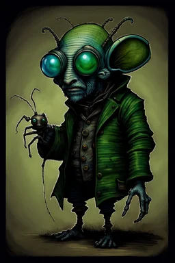 Artist Jean-Baptiste Monge style. A old biomorph male humanoid with Ant face. Bright eyes. A green and blue striped outfit. Modifiers: Tim Burton Craig Rutkowski Modifiers:neon glowing Iridescent black ink