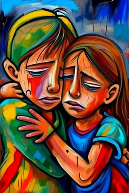 a girl hug her brother and both crying sadly, expressionism, Pixar style, in abstract art Basquiat, Picasso, Miro, Kandinsky, Klee, Birell, Fairey, Ardon, Buffet and Picasso style, HD --s 750 --v 5.1 --style raw, water color