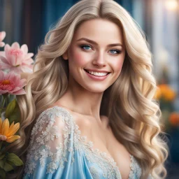 (best quality, 4k, 8k, highres, masterpiece:1.2), ultra-detailed, (realistic, photorealistic, photo-realistic:1.37),hyper realistic, gorgeous smiling 1woman,long hair,looking at viewer,realistic proportions,blue eyes,hair ornament,dress,very long hair,flower, blonde hair,parted lips,necklace,white dress,orange hair,lips,blurry background,freckles,realistic,head wreath,orange flower,realistic portrait