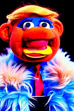 a Film Photograph of an orange Donald Trump Muppet made of felt and fur wearing a dark blue suit and red tie, lips are pursed