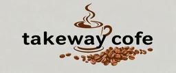 A horizontal design with the text (takeway cofe) In the middle, there is a faded design of a coffee cup and coffee beans with a gray background