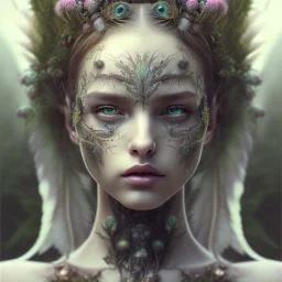 Portrait of beautiful girl, plant, metal, feathers, Dryad, fae, sidhe, ominous, nature, plants, wildflower, facepaint, dnd character portrait, intricate, oil on canvas, masterpiece, expert, insanely detailed, 4k resolution, retroanime style, cute big circular reflective eyes, cinematic smooth, intricate detail , soft smooth lighting, soft pastel colors, painted Renaissance style,bokeh,macro lens, 800mm lens