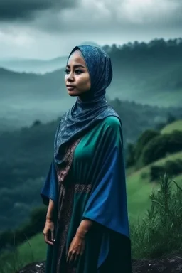 Wanita Indonesia cantik muslimah berdiri di tepi bukit saat hujan deras sendiri