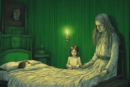 a knitted girl sitting on a bed and vomiting green lines, an exorcist priest standing next to her bed in a room in candlelight at night