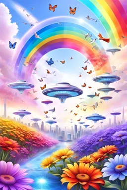 colors, very beautiful, flowers garden,rainbow, cité très futuriste ultra moderne, ufos rainbow, ufos fleet, intergalactic, birds, butterfly