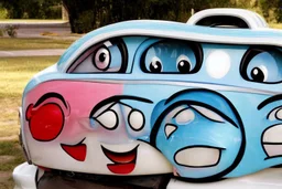 whimsical cartoon car with big eyes and its front grill forming a friendly smile