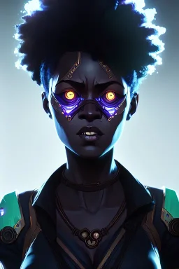 portrait,beautiful black woman, glowing eyes, afro hair, post-apocalyptic in a cyberpunk city, realistic, intriacte detail, sci-fi fantasy style, volumetric lighting, particales,highly detailed,cinamatic, deep colours,8k