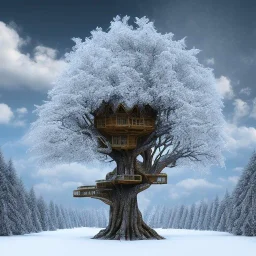 A giant tree in december with a giant treehouse in it. Much snow