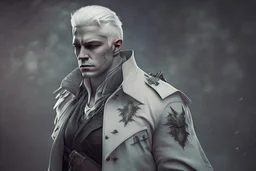 A white masculine human with white hair. A Lot of Battle Scars. Full body. Dark Military clothes. HD