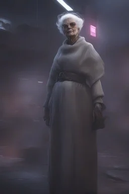 cyberpunk saggy granny woman, abandoned sci-fi town, future, sci-fi