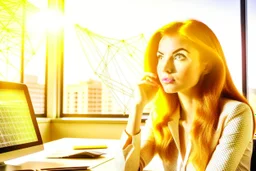 Beautiful problem solving woman in a modern office in sunshine