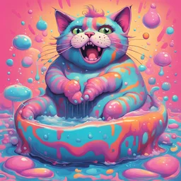 A giant cat taking a bath in liquified troll fat, in toyism art style