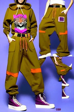 year 1999 women fashion, Techno, rave, Loose, baggy, low waist Combat pants, t-shirt, new kind of hoodie with high tippet! Colors: all denim colors, purple, khaki, light green, lilac, plum, orange, terracotta, red, pink, dark blue, beige. Patterns: lynx, balls, stripes. lynx belt. starling or owl prints. Women models. Sharon Stone, Sandra Bullock, Winona Ryder, Milla Jovovich, Big tennis shoes on. Latex, denim and leather e.g. in Leg warmers.