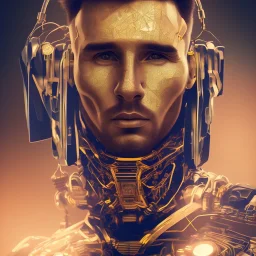 portrait face lionel messi, robot, golden, argentina flag intricate, sci-fi, cyberpunk, future,