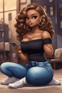 Create a urban culture art of a black chibi curvy female sitting on the floor looking at her cell phone. She is wearing tight blue jeans and a black off the shoulder blouse. Prominent make up with lush lashes. Highly detailed wavy ombre blonde and brown long hair. She is also wearing silver large hoop earrings