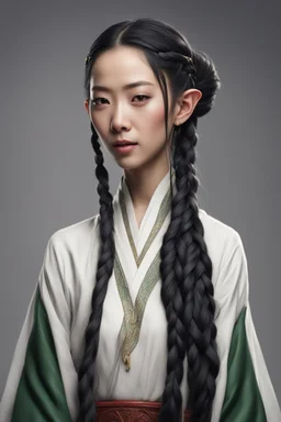 29 year old beautiful oriental female elf with long black braids, dressed in a diplomatic tunic