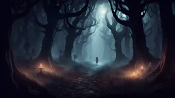 Creepy Dark mystical clearing in an enchanted forest, HD videogame character with dynamic lighting