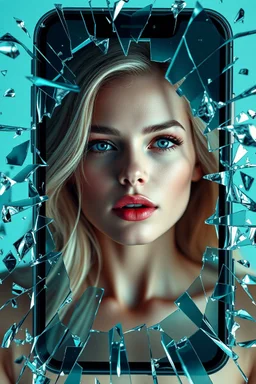 A stunning blonde woman emerges dramatically through a shattered smartphone screen, surrounded by flying glass shards, hyper-realistic details, ultra-high resolution, cinematic lighting, teal and turquoise tones, sharp reflections, immersive depth of field, futuristic surrealism, concept art style, 8K, unreal engine render, volumetric lighting, photorealistic face, elegant expression, sleek modern aesthetic, dynamic action shot.