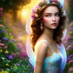 bright fairy, beautiful portrait, flowery landscape