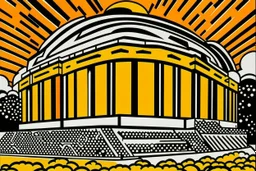 An orange coliseum with fists on the entrance painted by Roy Lichtenstein