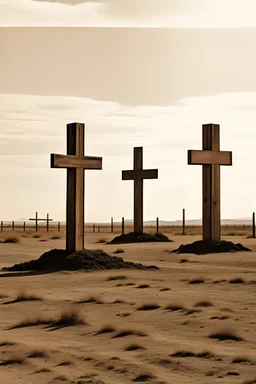 Uma paisagem árida com três cruzes, porém a cruz ao centro é ligeiramente maior e esta cruz possui nomes masculinos e femininos escritos na madeira. No chão a frente da cruz existe gotas de sangue. O horário do dia é entardecer.