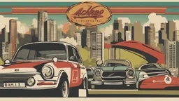 "I'm seeking an exhilarating poster for '<Achayo> Vintage Rally Racing.' The backdrop should feature an Ethiopian cityscape, capturing the vibrancy of urban life. In the foreground, a stylish vintage rally car, complete with rally lights and vintage decals, takes center stage. Use earthy tones for the city background and vibrant colors for the rally car. Select bold fonts in dynamic colors for the event title and details. Incorporate dust or dirt effects to evoke the rally racing atmosphere. Inc