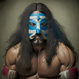 masked long haired mexican wrestler, victorious, tired