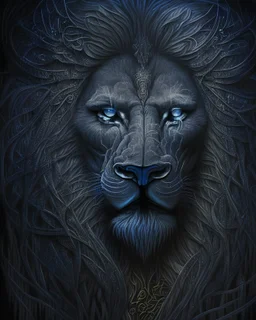 A dark, yet powerful portrait of a majestic lion, its eyes glowing fiercely in the moonlight, in the style of Gothic art, strong contrasts between light and shadow, intricate details, and an imposing presence, inspired by the works of H.R. Giger and Zdzisław Beksiński, capturing the untamed spirit of the king of the jungle.