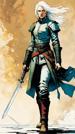 create an imaginative full body print illustration of an ethereal, otherworldly , pale female grandmaster Witcher with short flaxen hair wearing a tattered battle worn padded gambeson and boots , in the comic book art style of Bill Sienkiewicz, Mike Mignola, and Jean Giraud Moebius, with highly detailed feminine facial features , finely drawn, colored and inked,