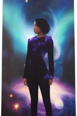 Full body portrait, painting, medium shot lady Spacecore background volumetric black hole