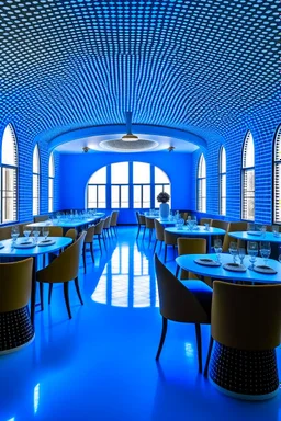 A restaurant with the outer shape of the walls in blue and a white floor. It contains one table in the middle of the restaurant, and the walls are oval in shape, containing 30 chairs.