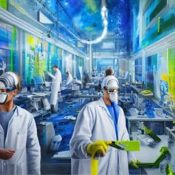 scientists create a new version of photoshop. they are wearing safety goggles and white clothes. lab. blue light from fluorescent lamps. color charts. hyperdetailed cool colors detailed painting acrylic art oil on canvas futuristic post-apocalyptic fantasy --test --creative