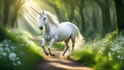 extremely detailed wallpaper, white unicorn run in green forest alley, dynamic pose, spring, morning, beams of light, flowers, (intricate details:1.12), hdr, (intricate details, hyperdetailed:1.15), (cinematic look:1.4), soothing tones, insane details, intricate details, hyperdetailed, low contrast, soft cinematic light, dim colors, exposure blend, hdr, faded, slate gray atmosphere