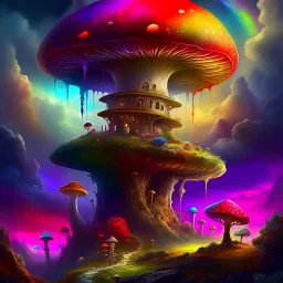 A fantabulous rainbow glowing, (((mushroom tower))) erected atop a (grassy cliff), surrounded with imaginative (((spiraling space))), contrasted by the stark hues of a (nebulous space scape), . captured by the hand a skilled master painter with a focus on (softly textured compositions and voluminous lighting).