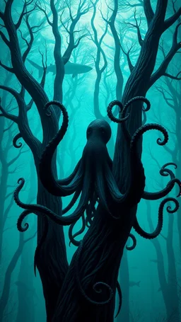 trees background under water with sharks , black vein, human veins, mixing together a lot of them, like a forest, big and small veins a lot of them, a black creature looks like an octopus with many arms