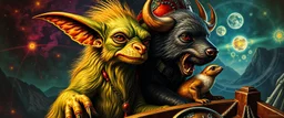 gremlin dog bison badger star ship captain in the style of Rembrandt and Escher and Goa Trance Poster
