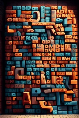 A brick wall made up of words and letters of the English alphabet, Many letters, abstraction. A high-resolution image of 8 K.